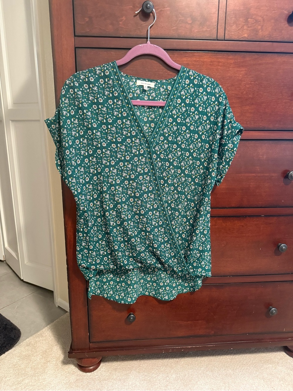 Max Studio Emerald Green Floral Faux-Wrap Blouse